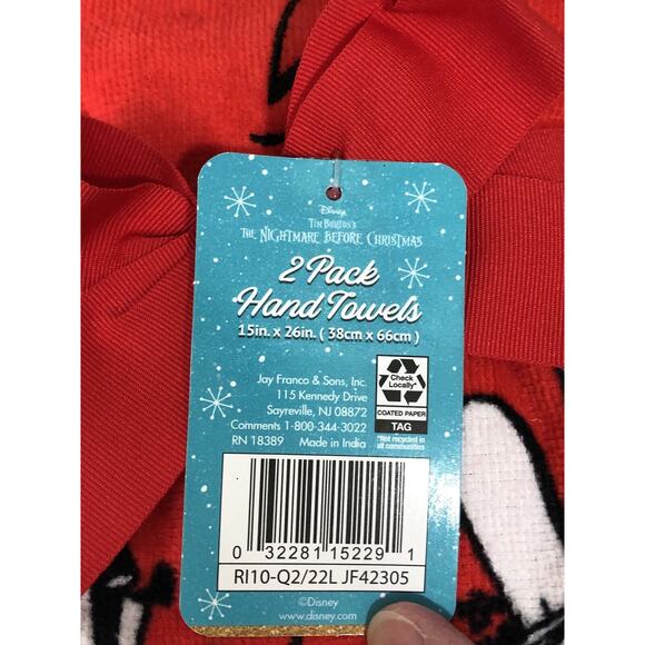 Disney Jack Skellington Christmas hand towel Set Of 2 Red Black NWT New - Picture 3 of 4